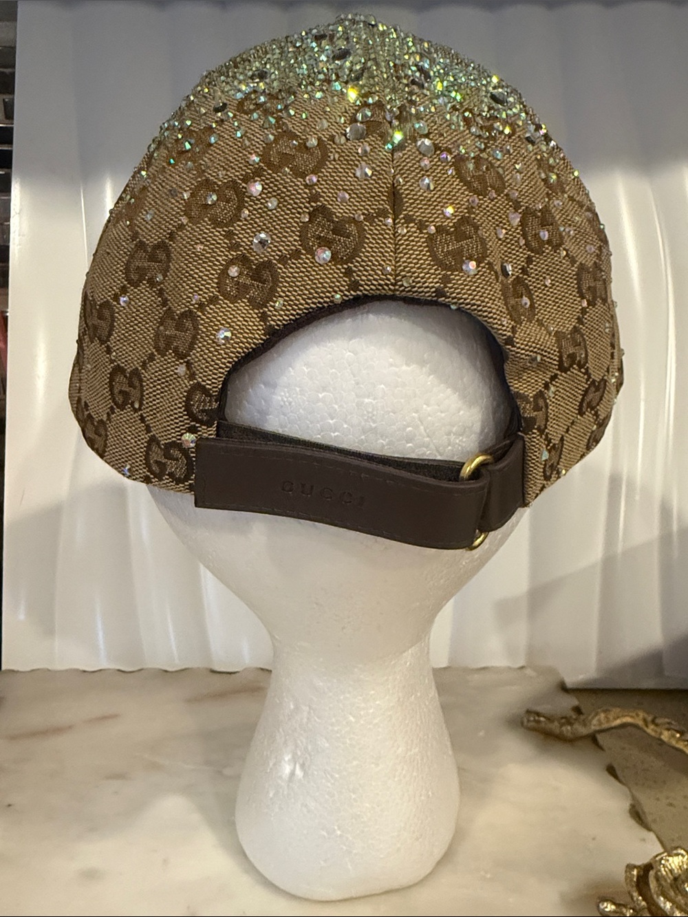 Gucci Brown GG Monogram Crystal Accent Baseball Cap - Picture 5 of 6